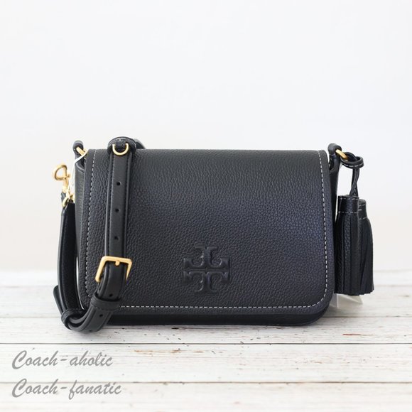 NWT Tory Burch Thea Web Flap Pebbled Leather Crossbody in Black - Picture 4 of 16